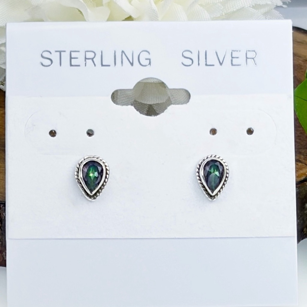 Mystic Topaz Earrings Pure Sterling Silver 925 Green Purple Gemstone Stud Post - Picture 5 of 12